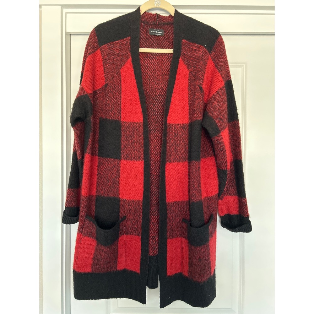 Lucky Brand Womens Red Black Buffalo Plaid Longline Granny Cardigan Sweater XL